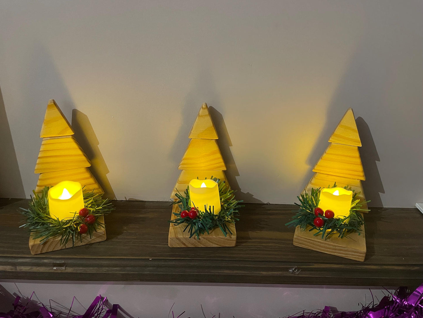 Christmas Tree LED candle display holder with Christmas wreath with berries