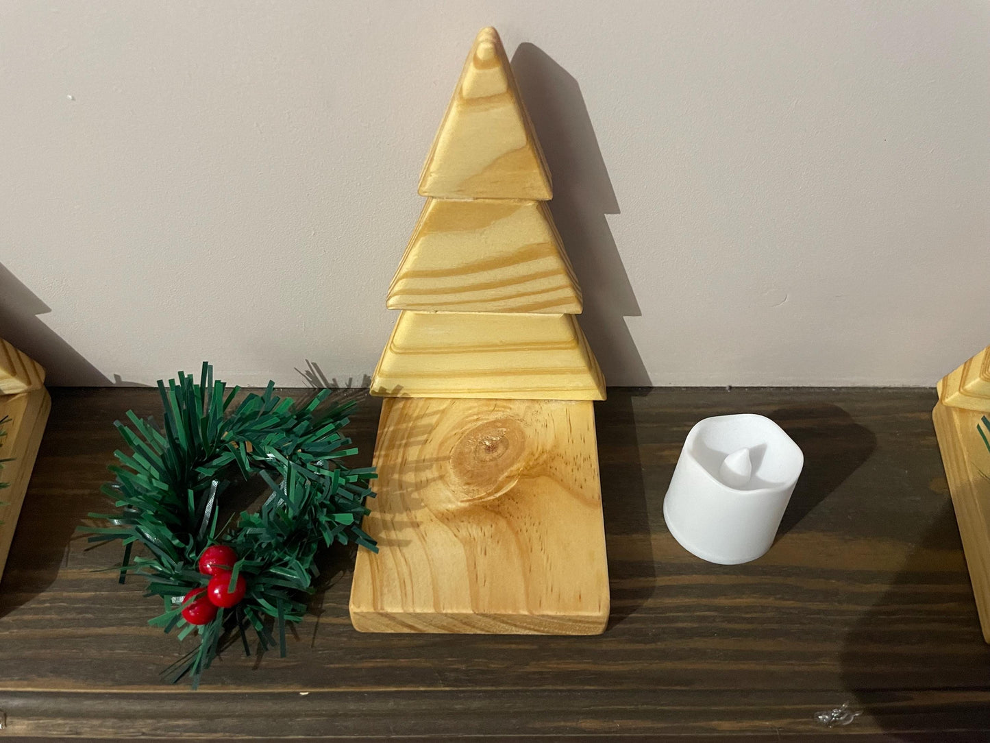 Christmas Tree LED candle display holder with Christmas wreath with berries