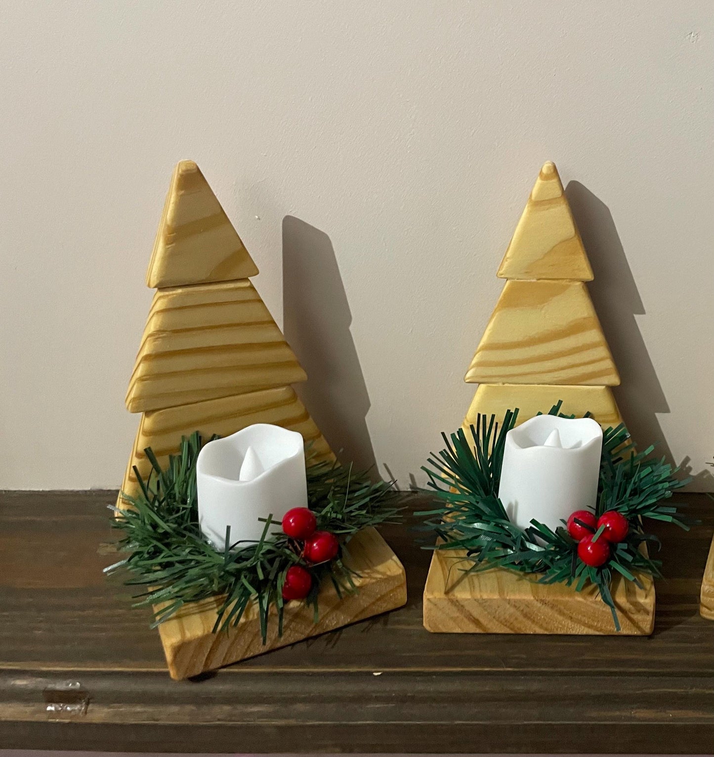 Christmas Tree LED candle display holder with Christmas wreath with berries