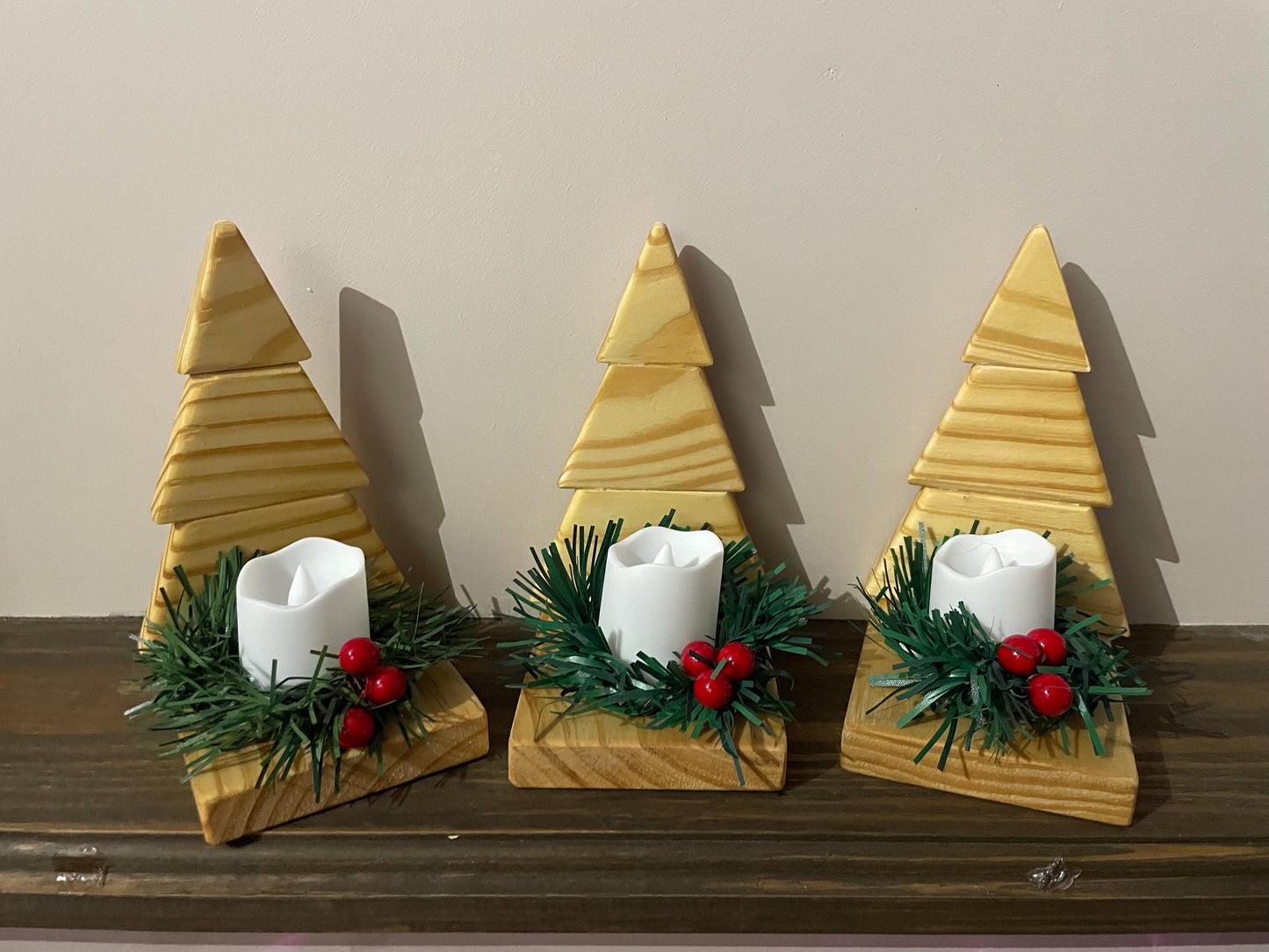 Christmas Tree LED candle display holder with Christmas wreath with berries