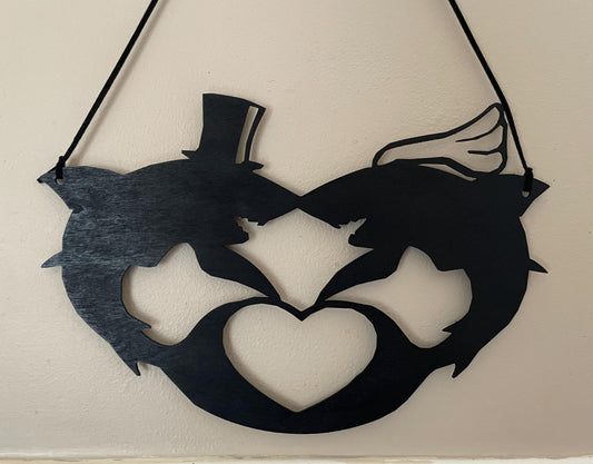 Shark bride and groom handing sign personalise with names