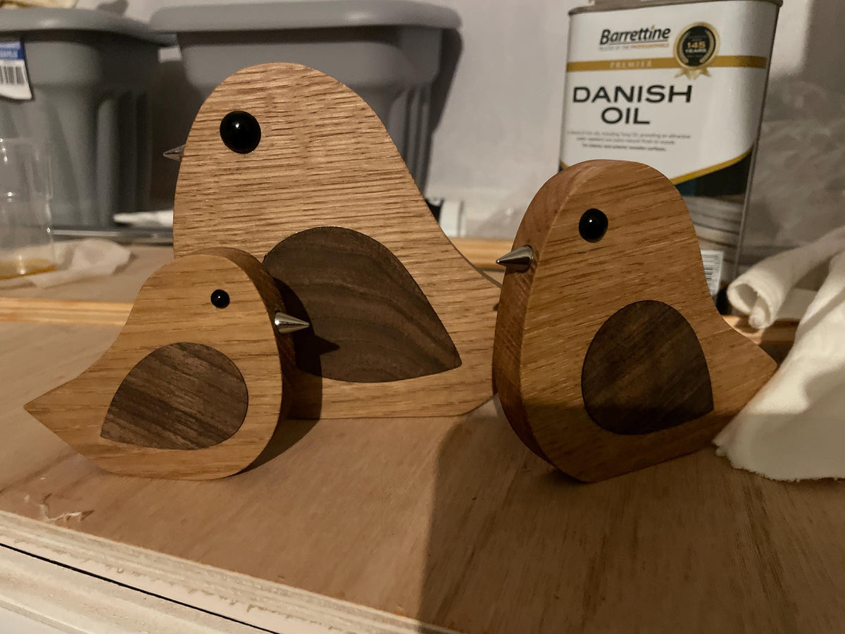 3 Oak wooden birds with walnut wings