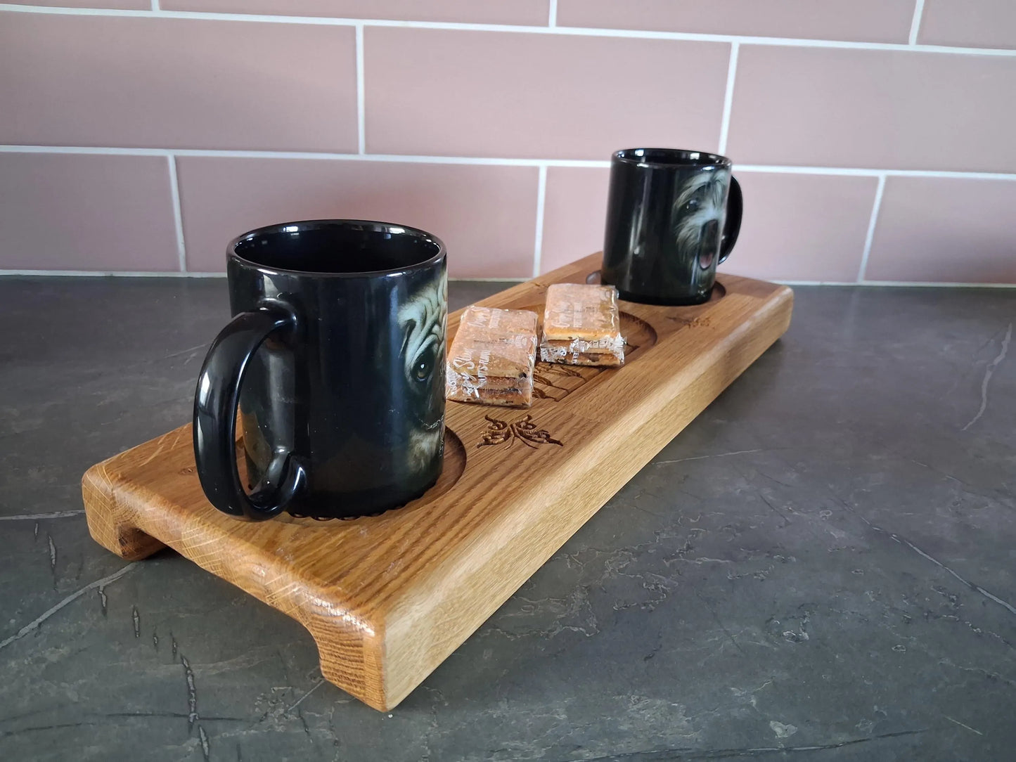 Wooden Drink and snack serving tray solid oak personable engraved tray