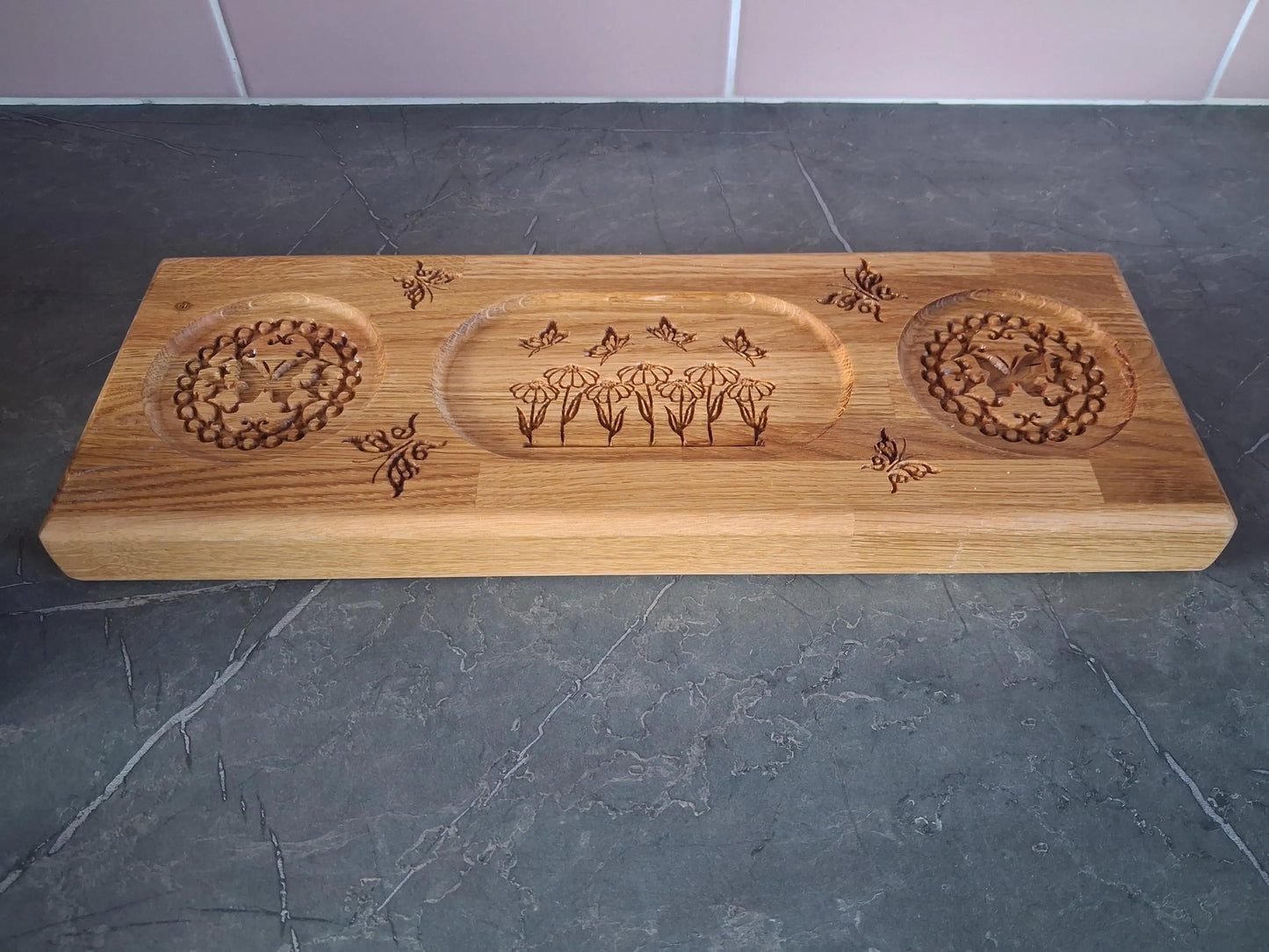 Wooden Drink and snack serving tray solid oak personable engraved tray
