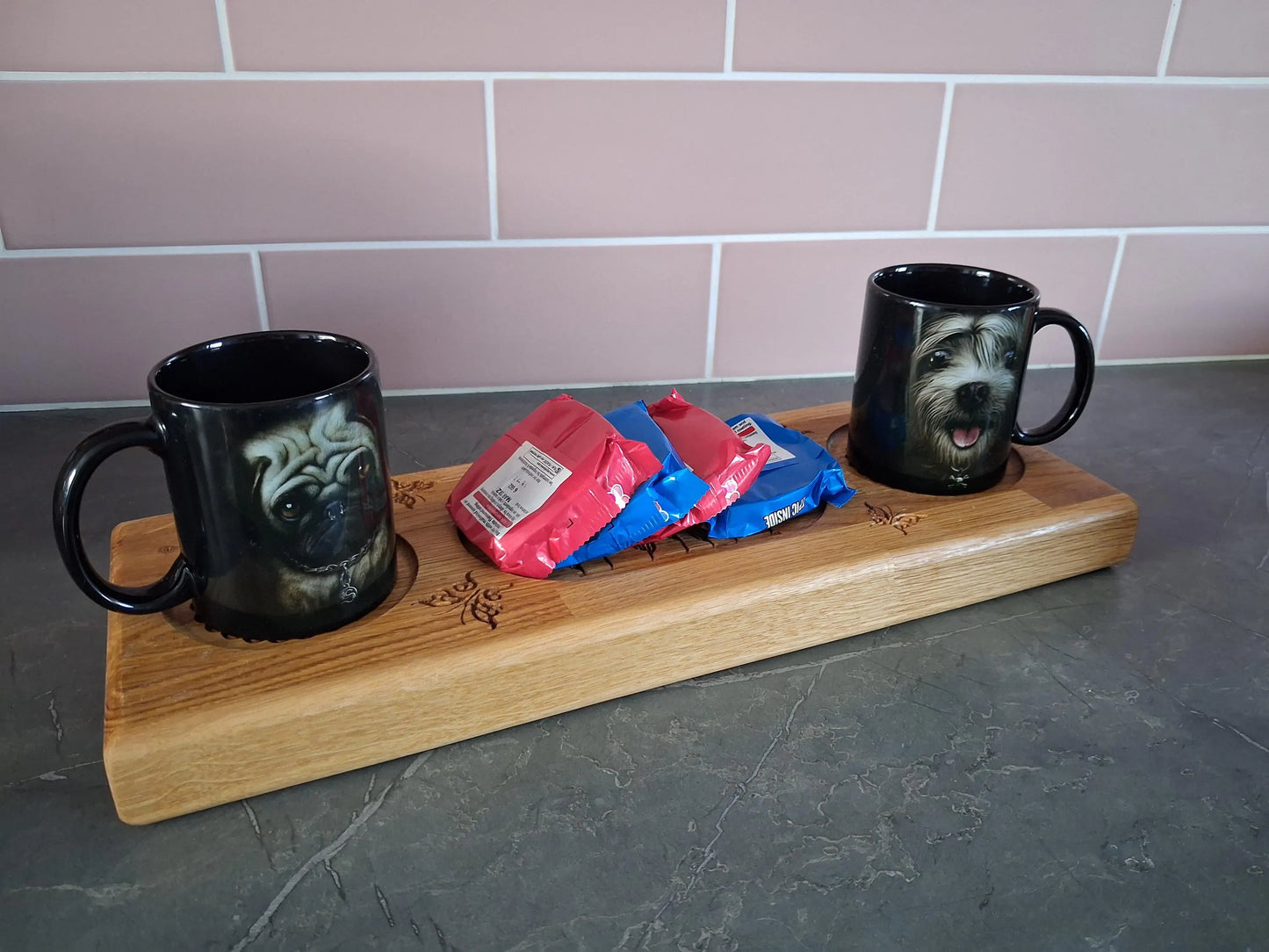 Wooden Drink and snack serving tray solid oak personable engraved tray