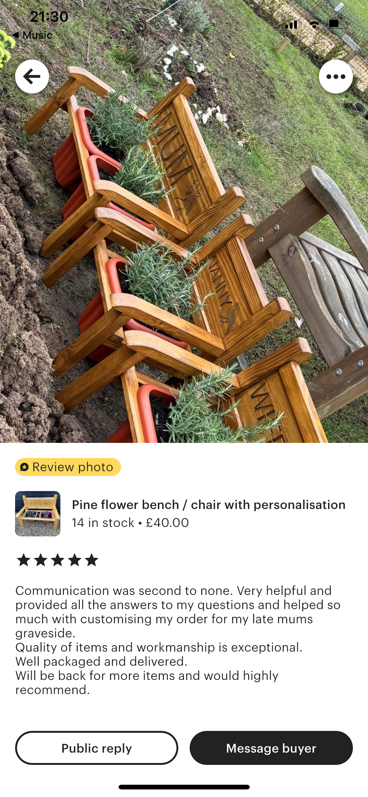A screenshot of a product listing for a pine flower bench and chair set with personalization. The photo shows the wooden bench and chair with greenery in an outdoor garden setting.